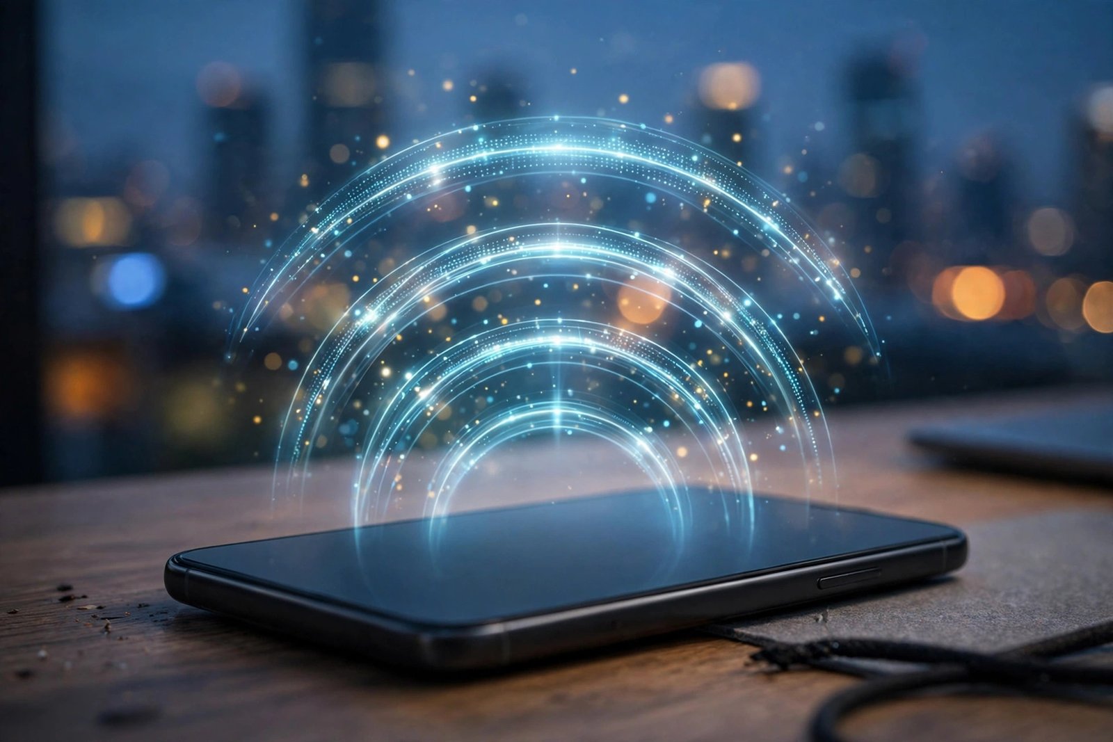 Illustration of a smartphone with glowing network signal waves