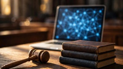 Gavel and law books beside a laptop showing a digital network