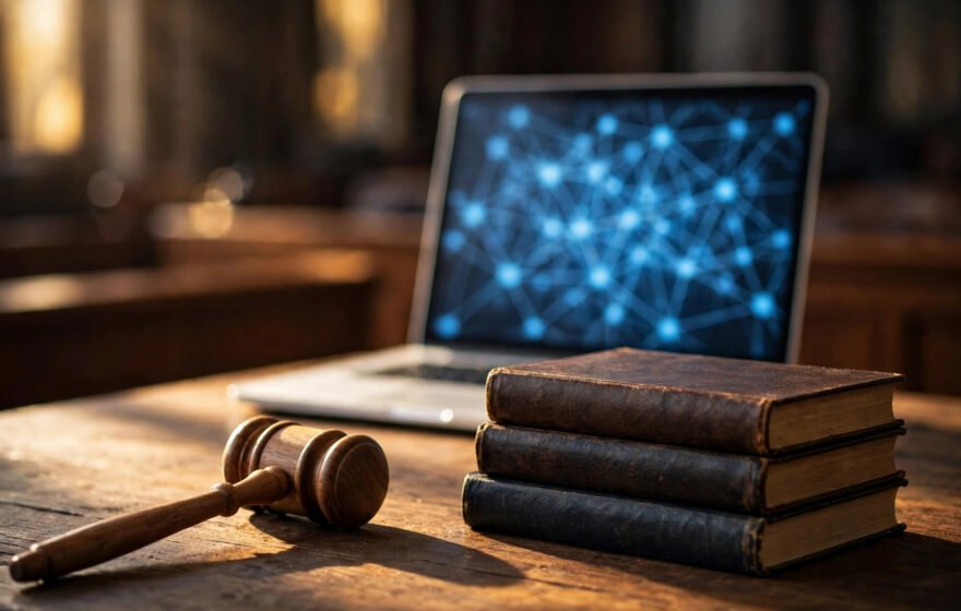 Gavel and law books beside a laptop showing a digital network