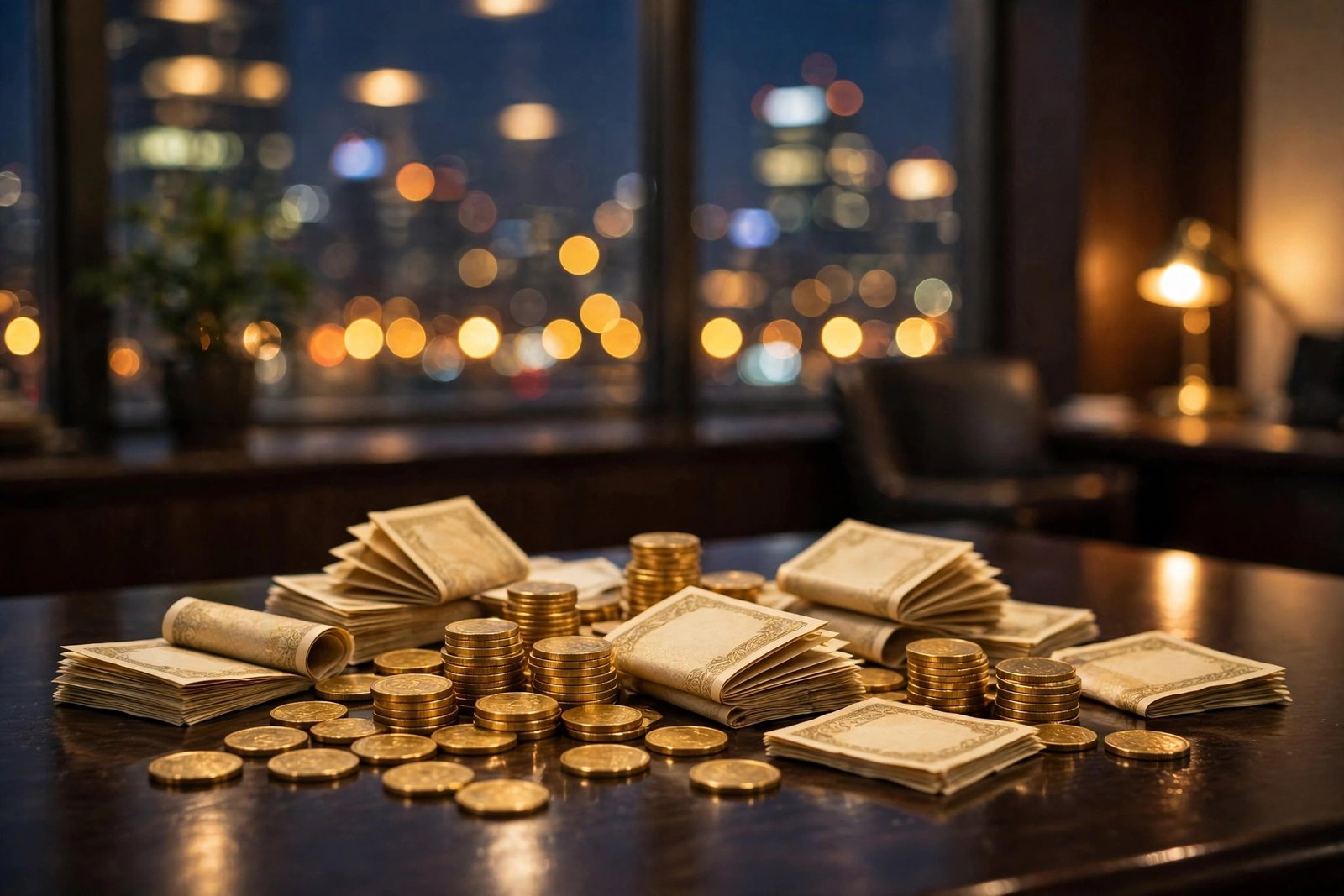 Golden coins and banknotes on a bank desk with city lights behind.