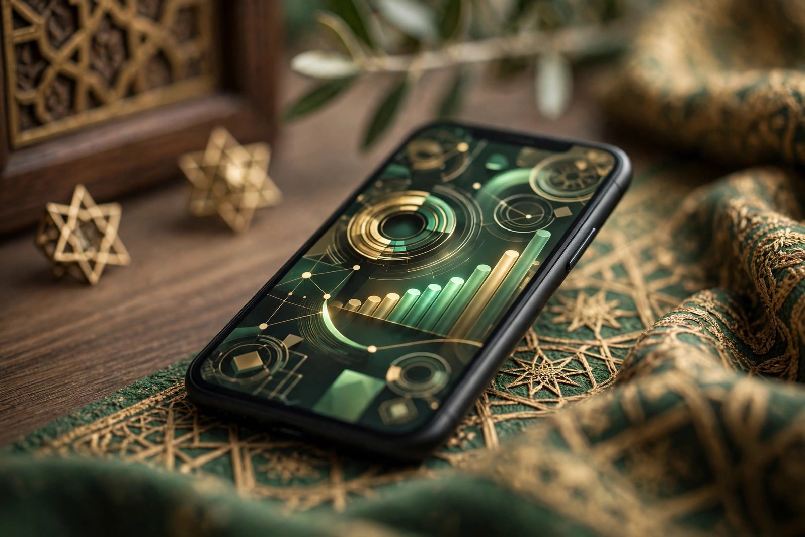 Smartphone displaying abstract mobile banking with Islamic geometric patterns.