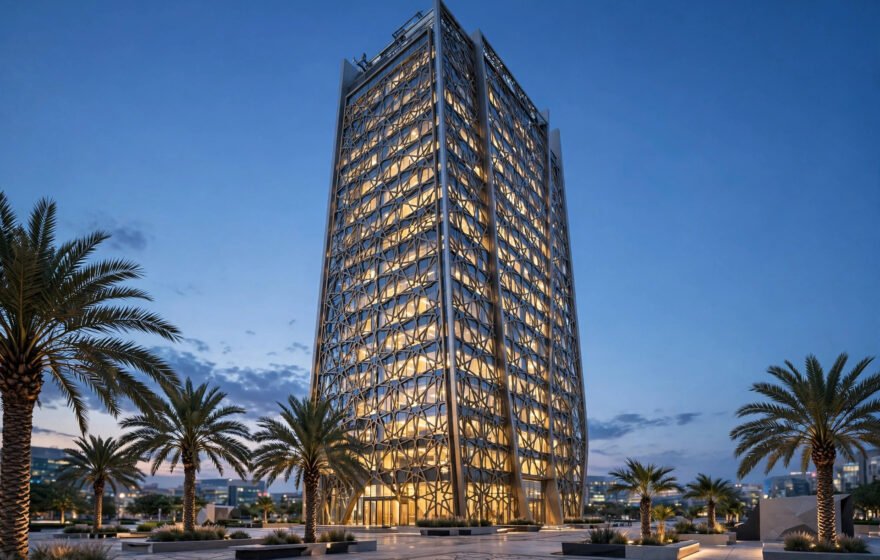 Modern Islamic bank headquarters tower at dusk.