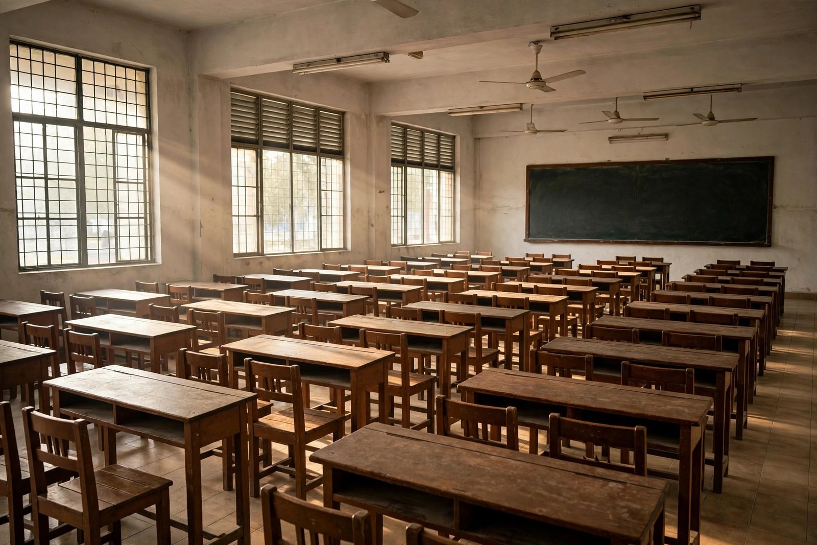 Empty examination hall with rows of desks prepared for board exams