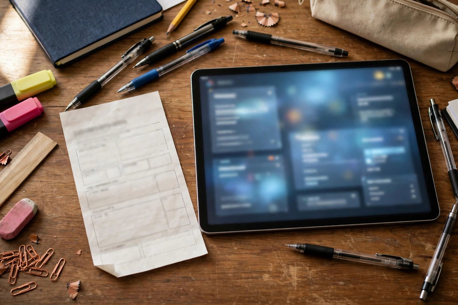 Student’s desk with a digital tablet and exam stationery