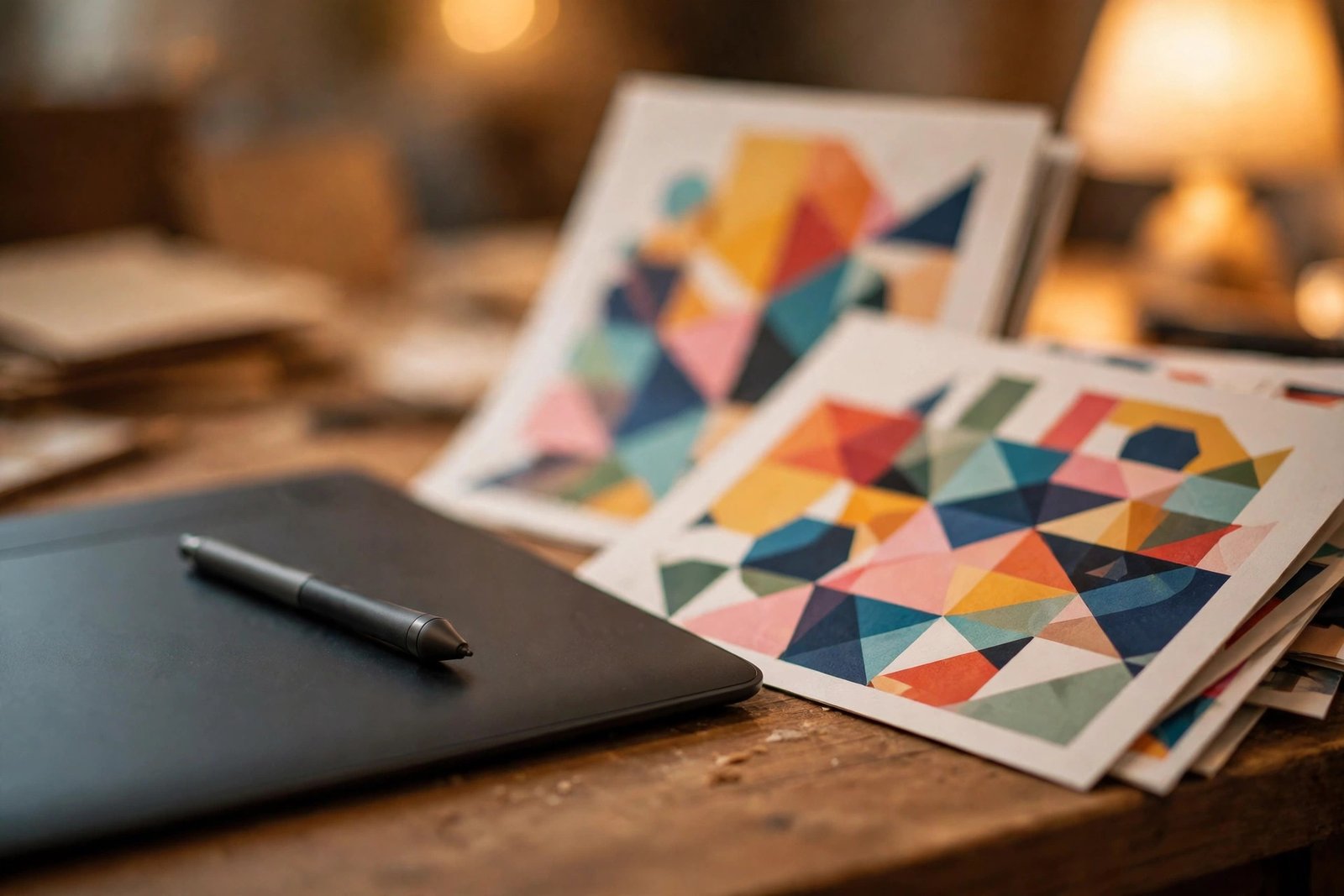 Graphics tablet and stylus with abstract design posters on a desk