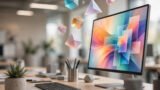 Digital creative studio with AI-generated design artwork on screen