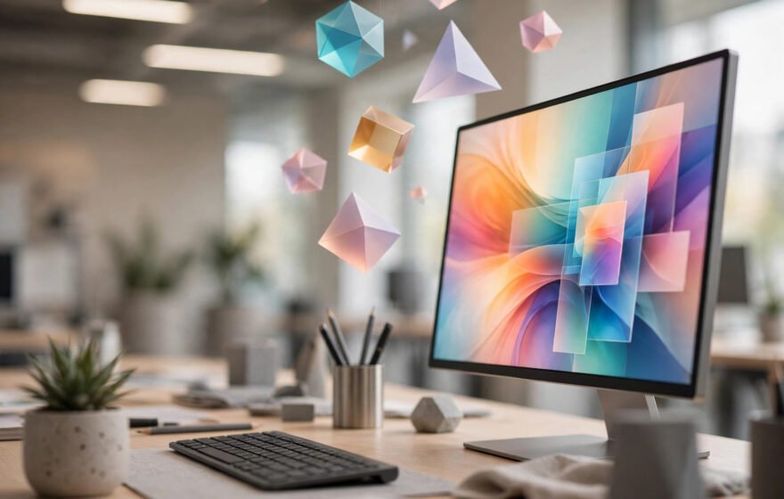 Digital creative studio with AI-generated design artwork on screen