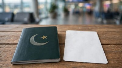 Pakistani passport with boarding pass, airport background