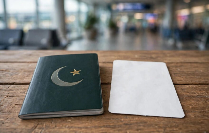 Pakistani passport with boarding pass, airport background