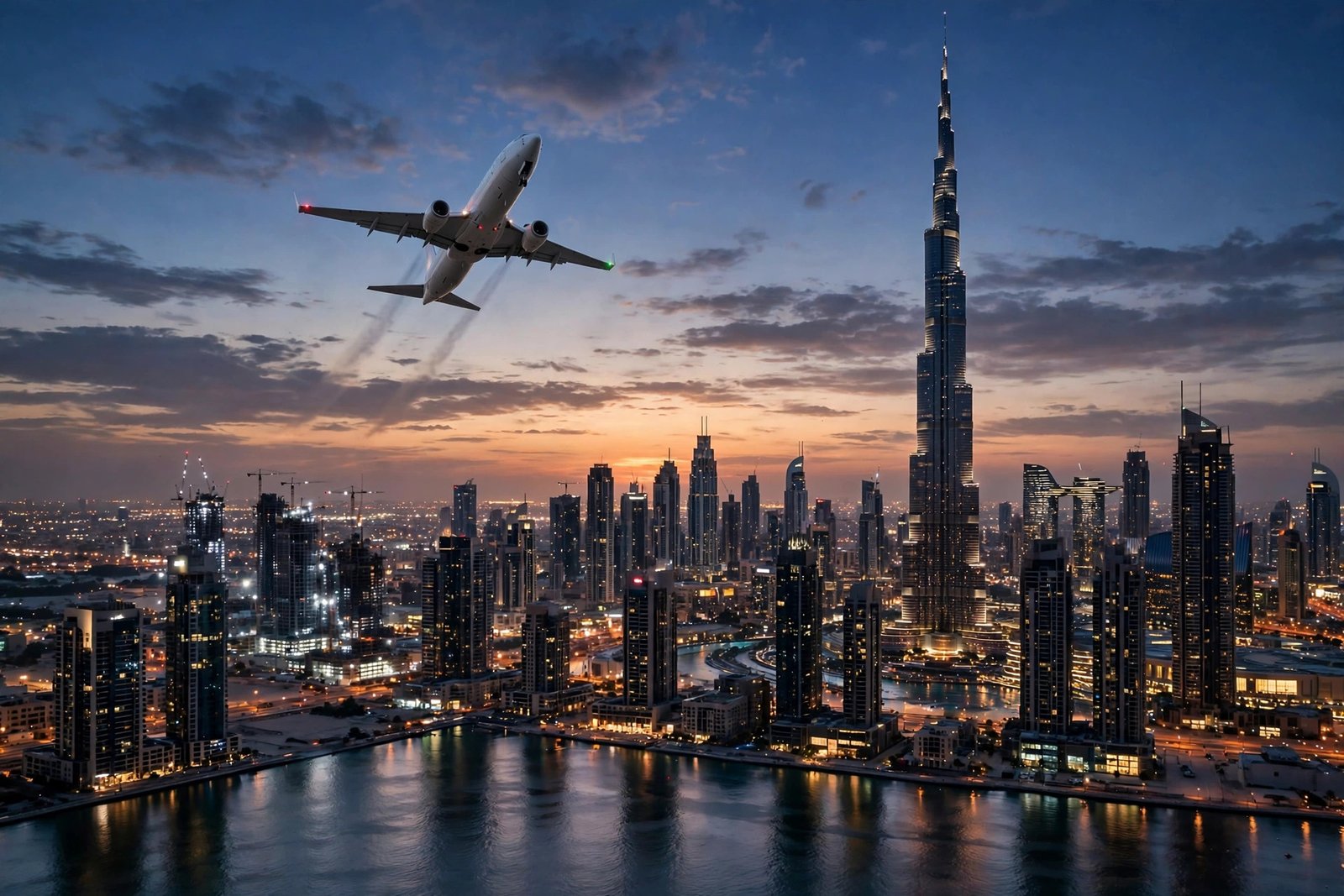 Dubai skyline at dusk with airplane taking off