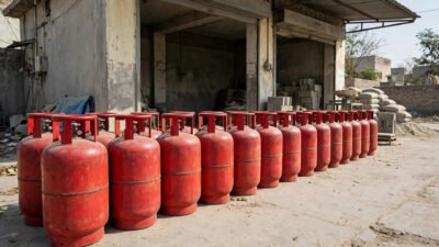 Red LPG gas cylinders lined up at a distribution shop