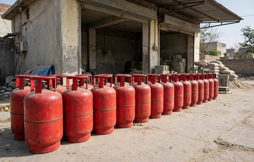 Red LPG gas cylinders lined up at a distribution shop