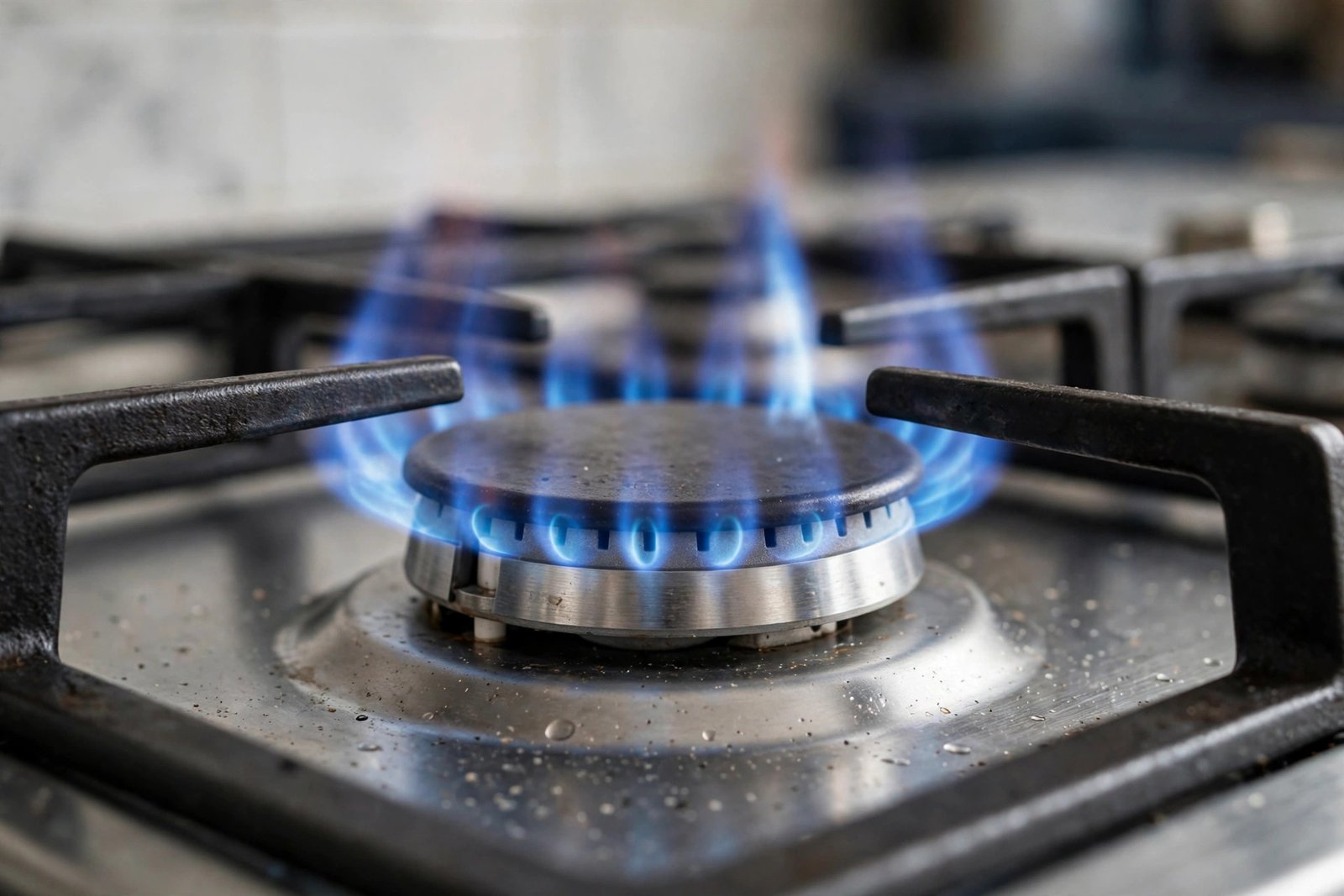 Gas stove burner with blue flame in a kitchen