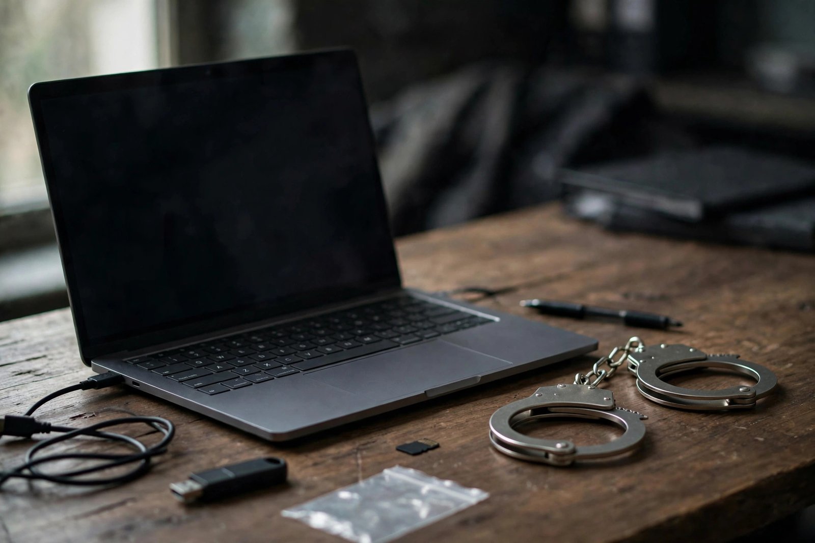 Laptop and handcuffs on a desk, cybercrime investigation concept