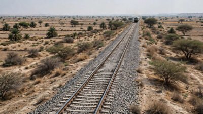 Railway track through Sindh landscape with a distant train