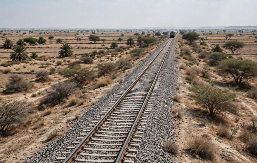 Railway track through Sindh landscape with a distant train