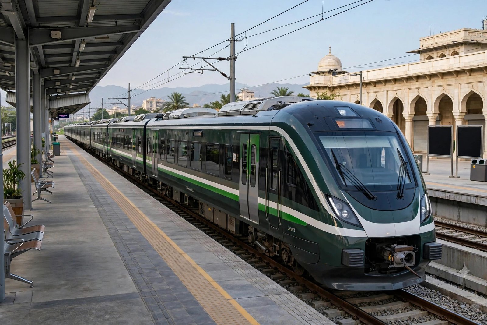 Passenger train at a Pakistani railway station platform