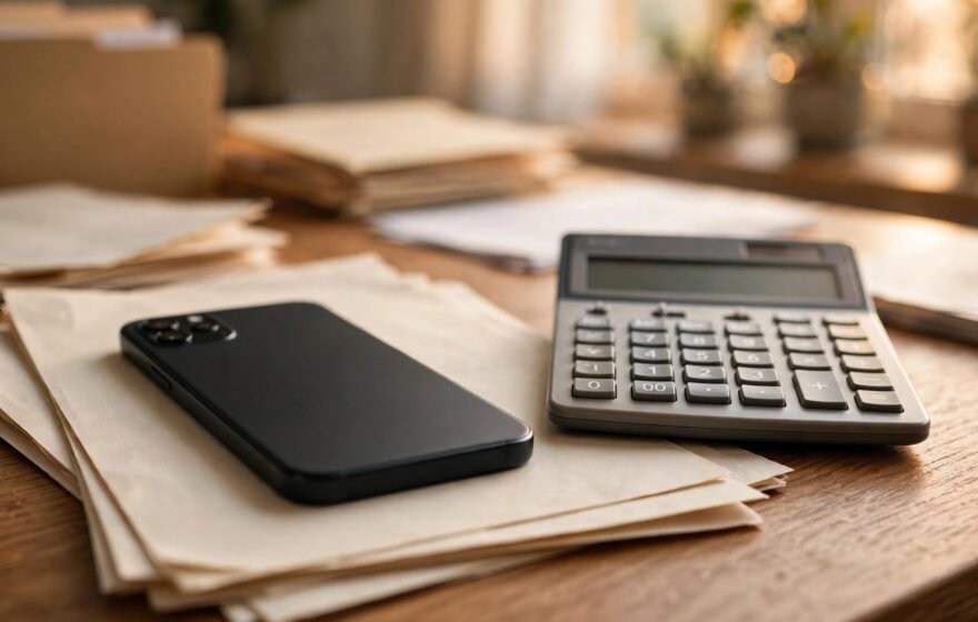 Smartphone and calculator on a tax office desk