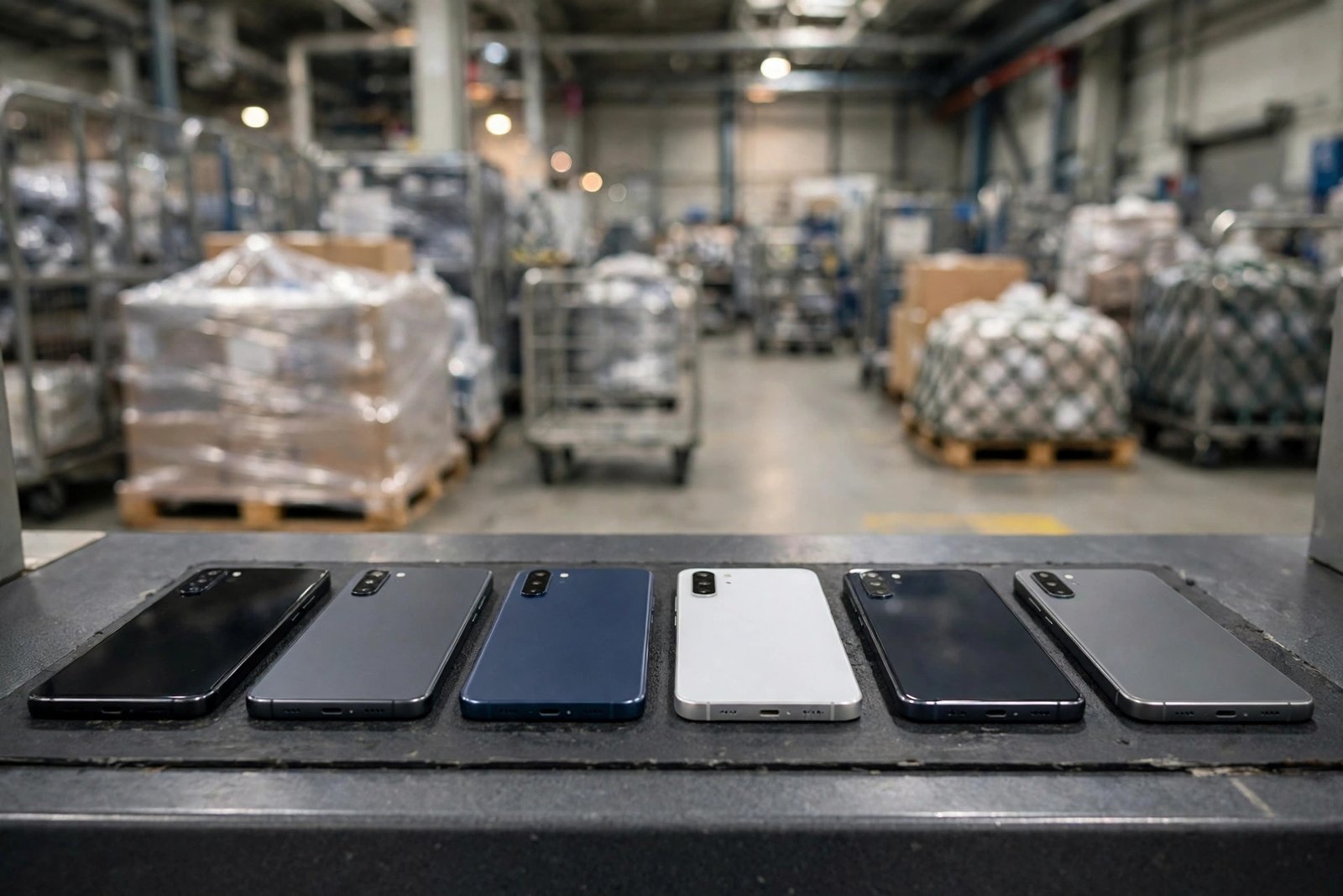 Smartphones lined up on a customs inspection counter