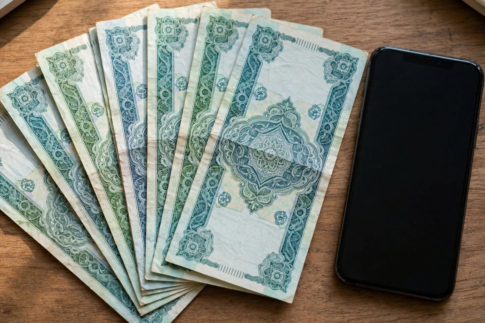 Pakistani rupee banknotes and a smartphone on a desk