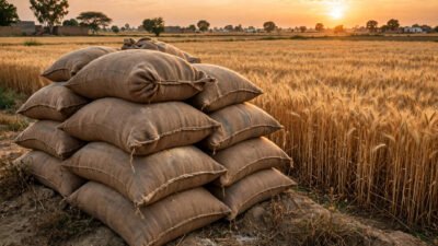 Burlap flour sacks stacked beside a golden wheat field at sunset
