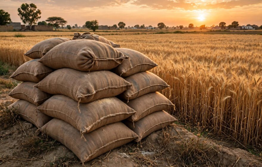 Burlap flour sacks stacked beside a golden wheat field at sunset