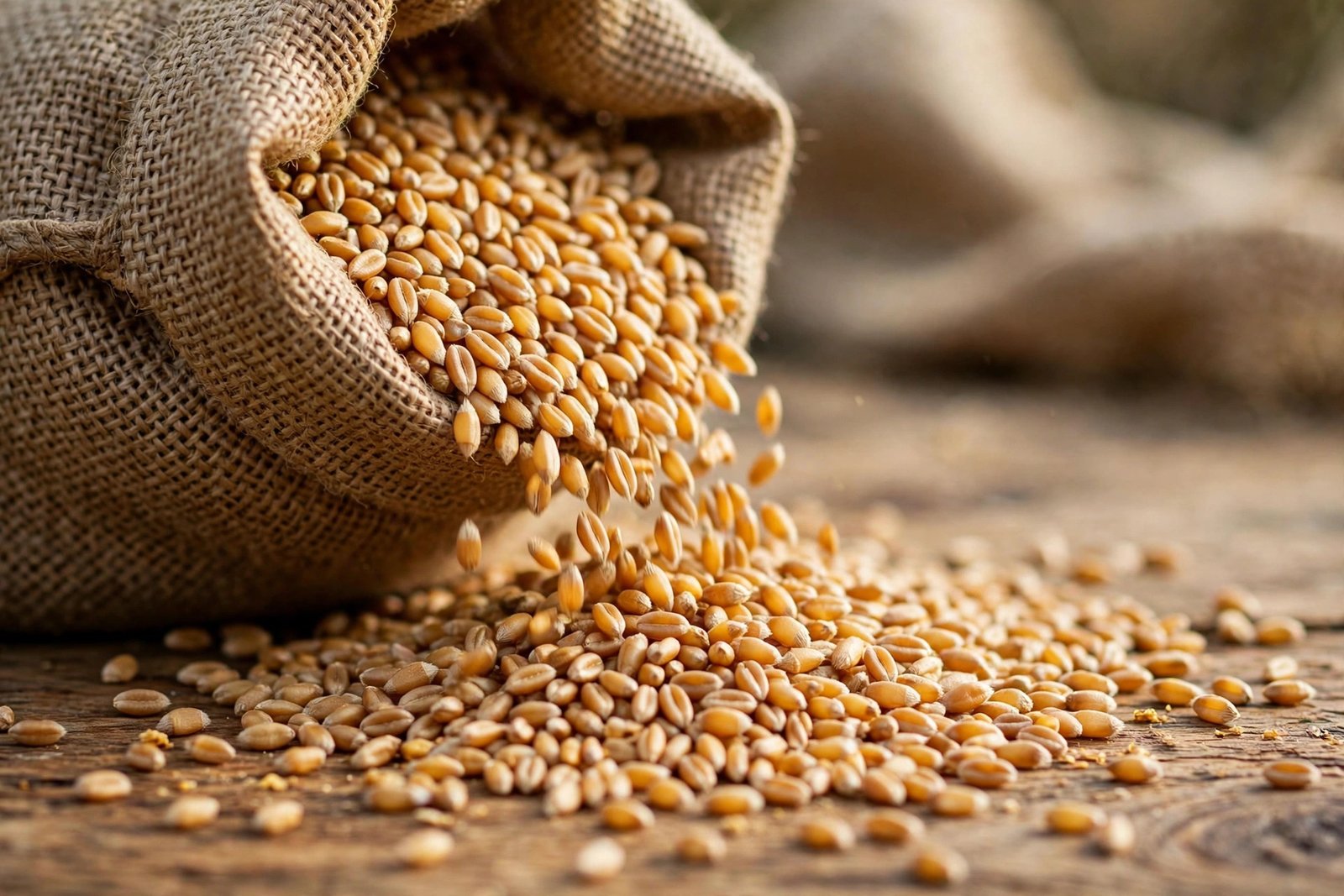 Wheat grains pouring from a burlap sack