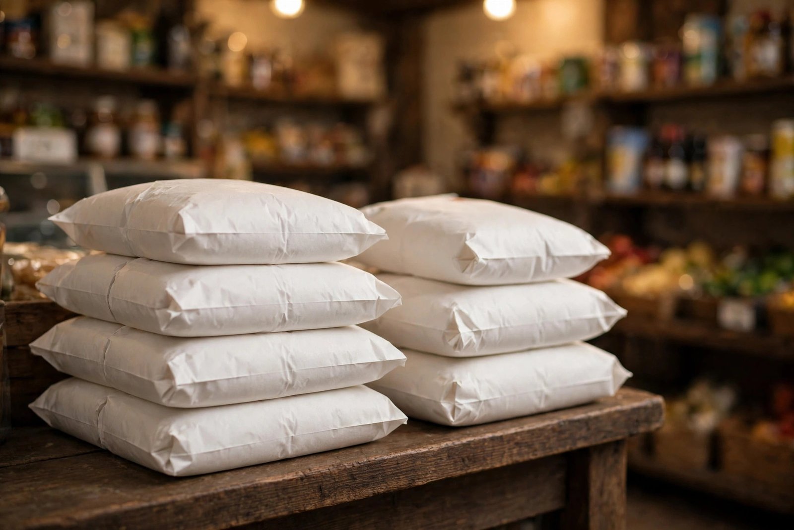 Flour bags stacked on a grocery shop shelf