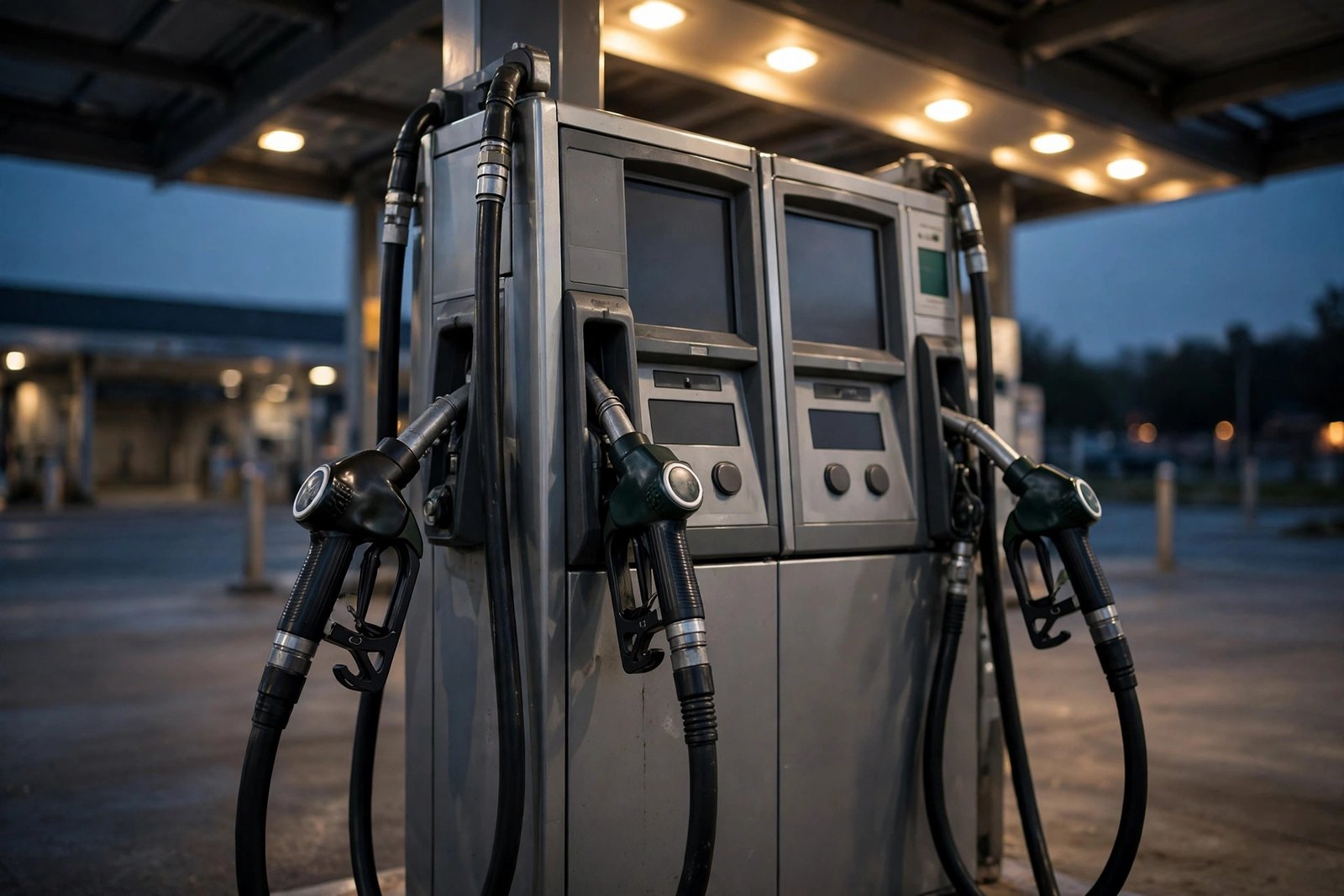 Symbolic image: fuel nozzles at a petrol station forecourt at dusk.