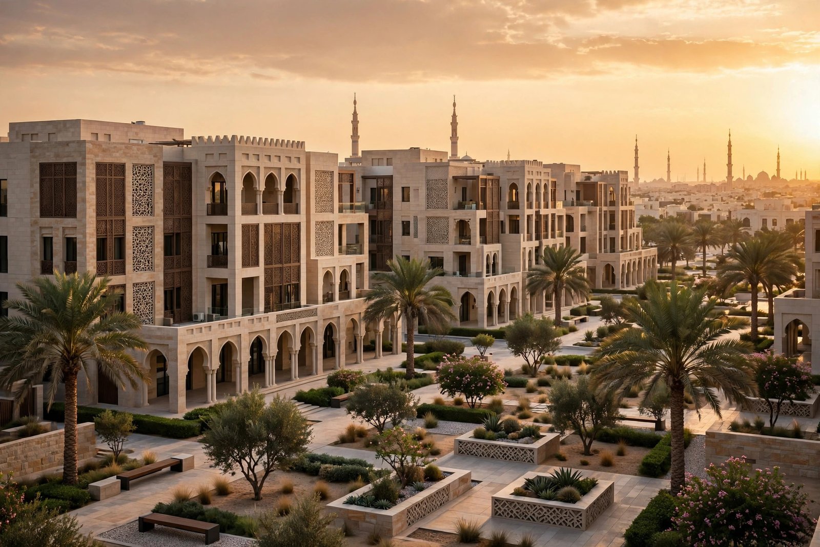 Modern residential community with Arabian architecture at golden hour