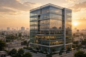 Modern glass office building at golden hour
