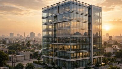Modern glass office building at golden hour