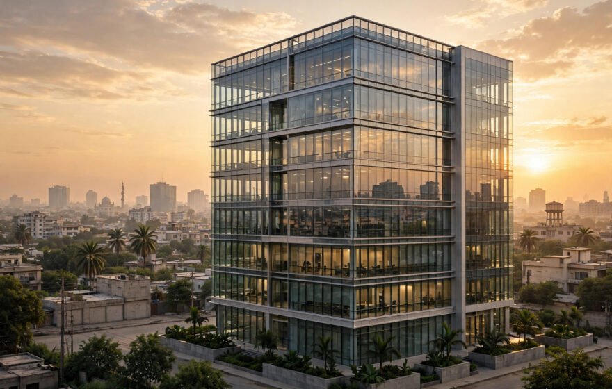 Modern glass office building at golden hour