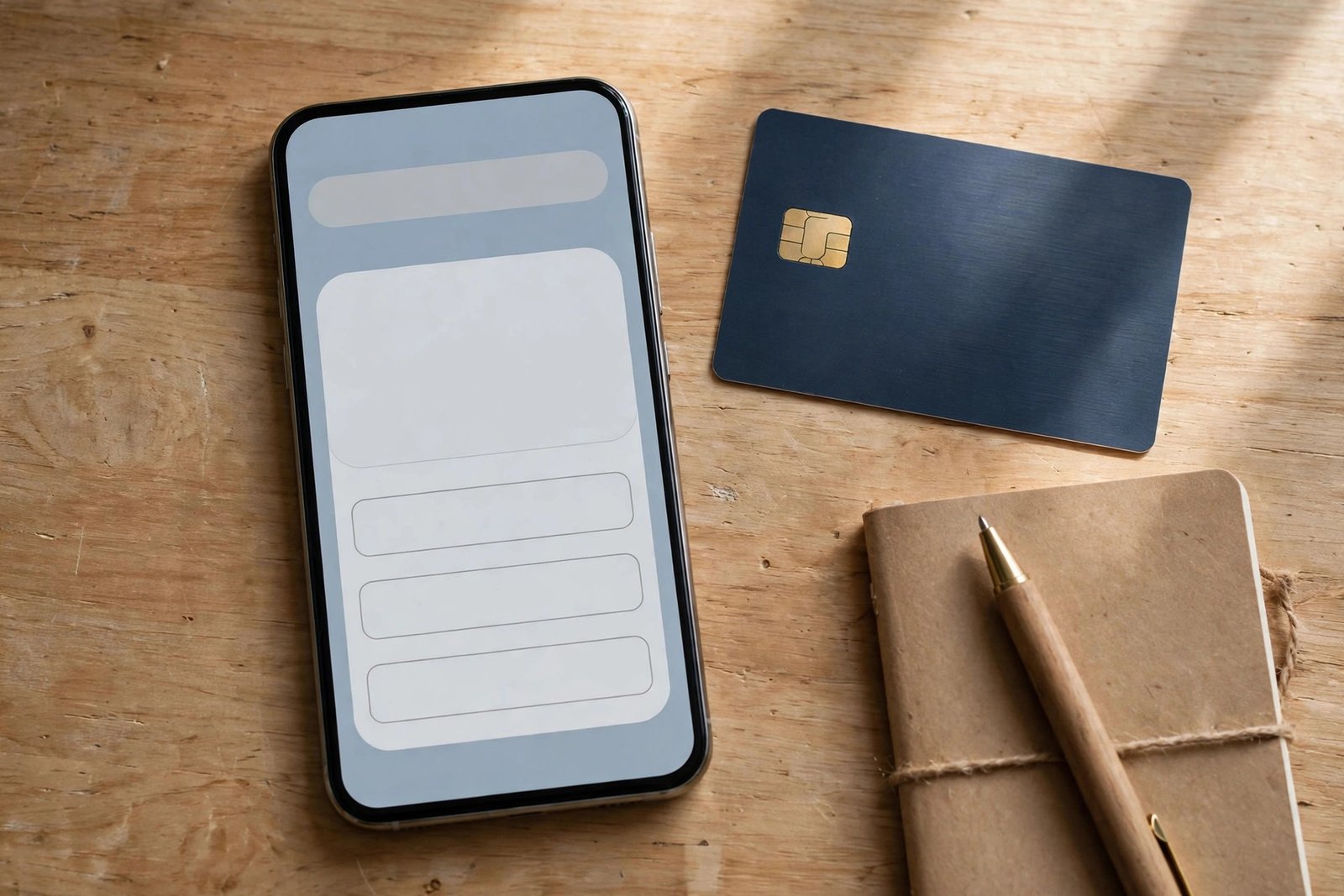 Smartphone with a banking app beside a bank card