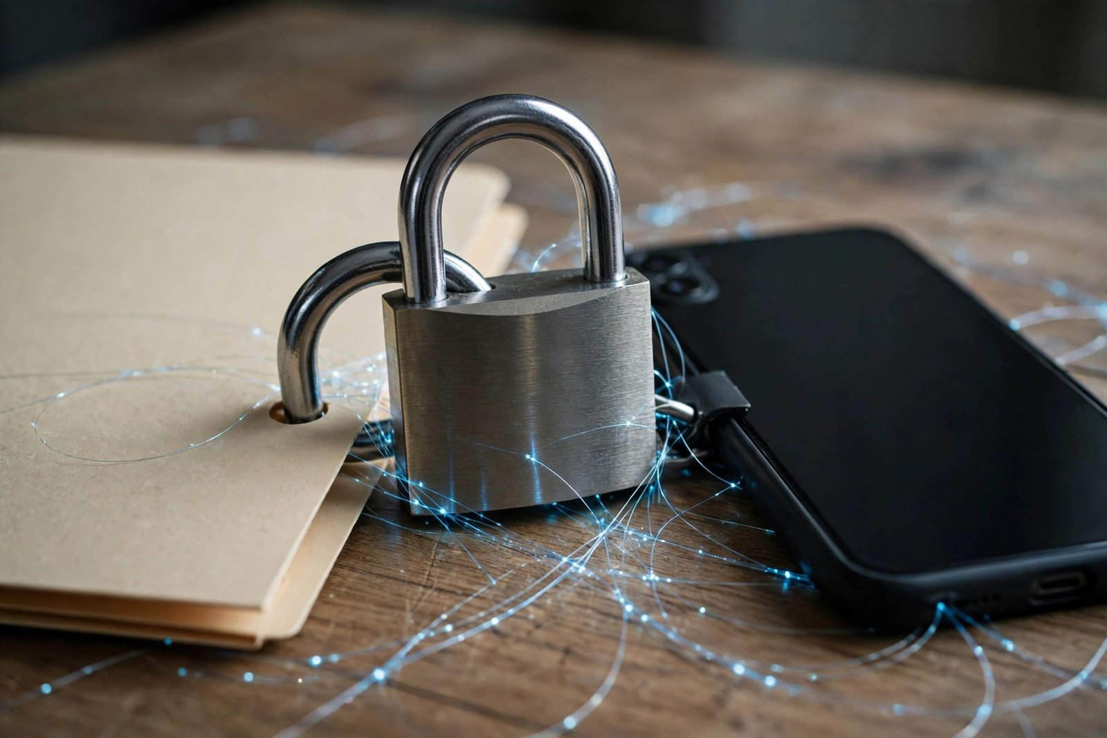 Padlock securing a smartphone and documents against cyber fraud