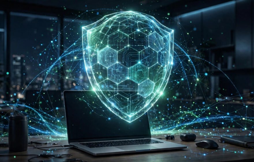 Digital shield protecting a laptop, symbolizing cybersecurity in Pakistan