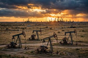 Oil pumpjacks at sunset with refinery in the background