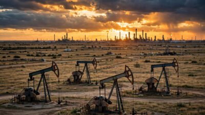 Oil pumpjacks at sunset with refinery in the background
