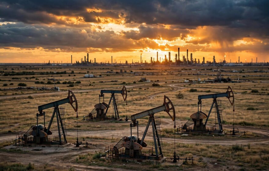 Oil pumpjacks at sunset with refinery in the background