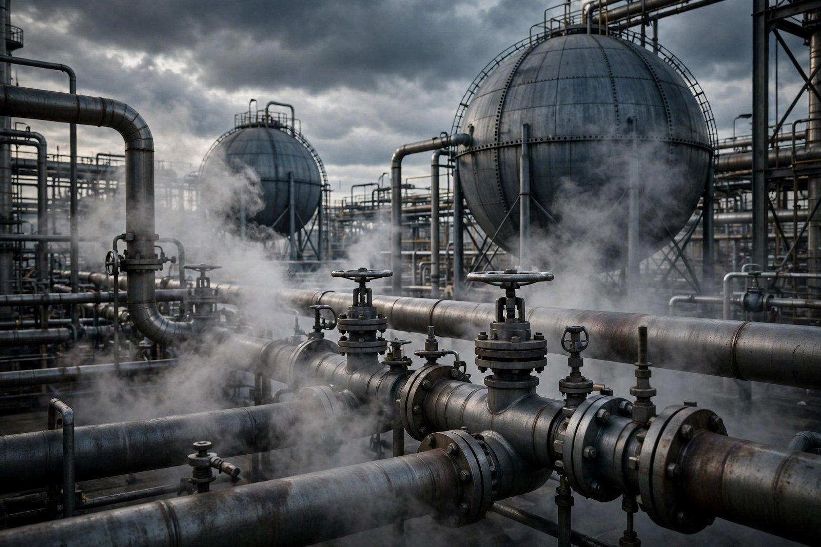 Oil refinery pipes and storage tanks under a dramatic sky