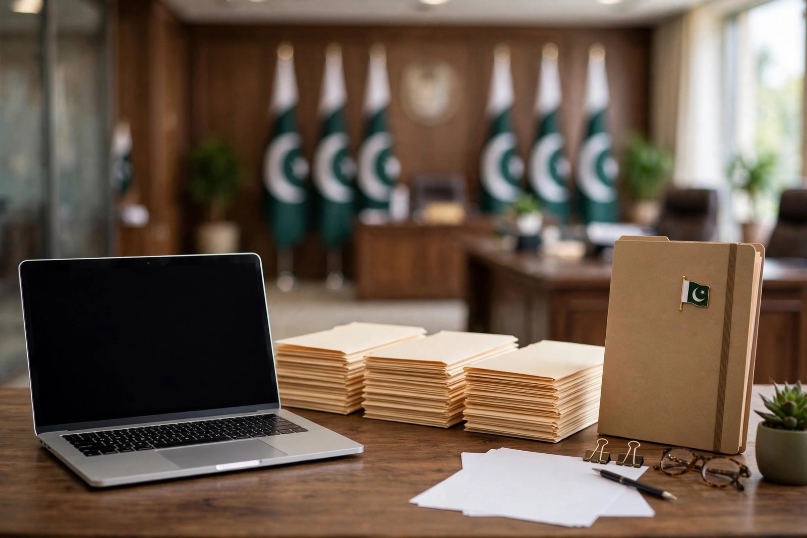 Laptop on a government office desk beside official file folders, symbolizing digitization of records