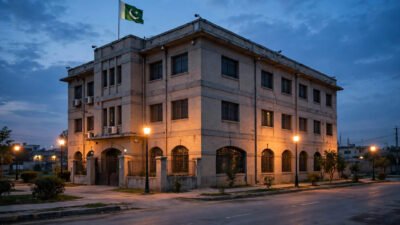 Peshawar police station exterior at dusk