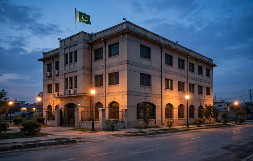 Peshawar police station exterior at dusk