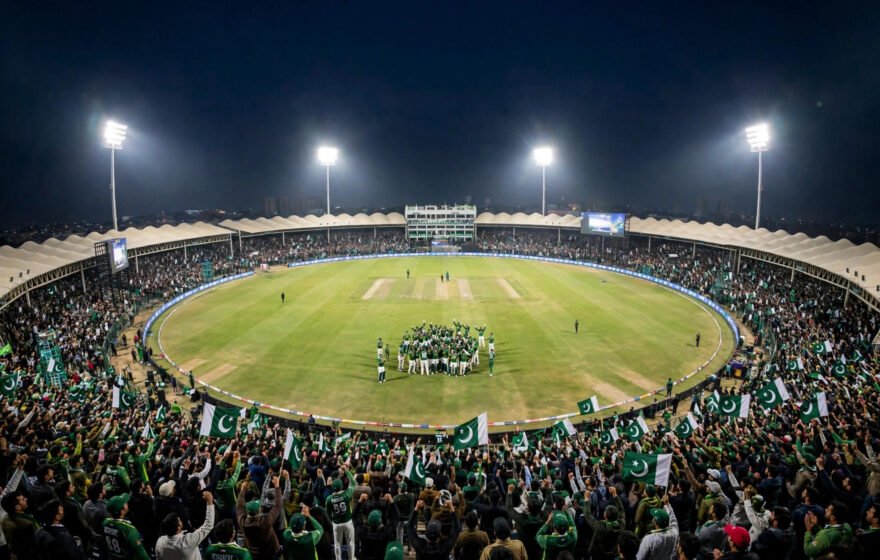 Packed Pakistani cricket stadium at night with floodlights and fans waving green flags