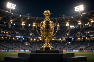 Cricket championship trophy in a floodlit stadium at night