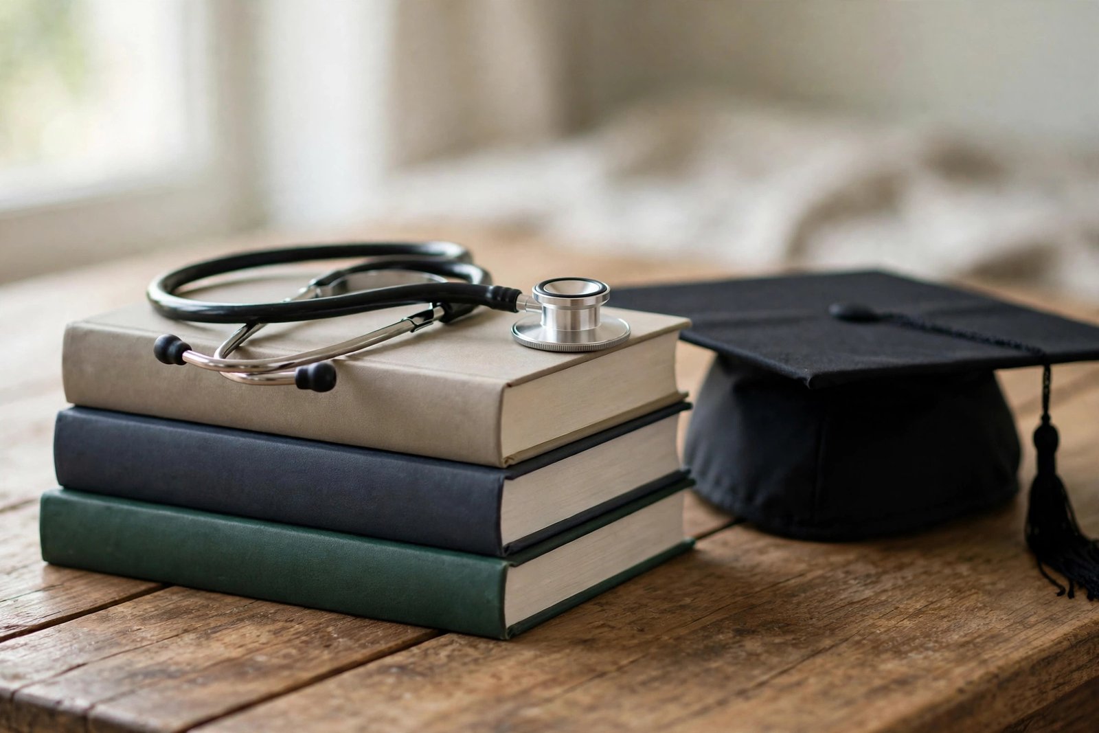 Stethoscope and medical textbooks on a study desk