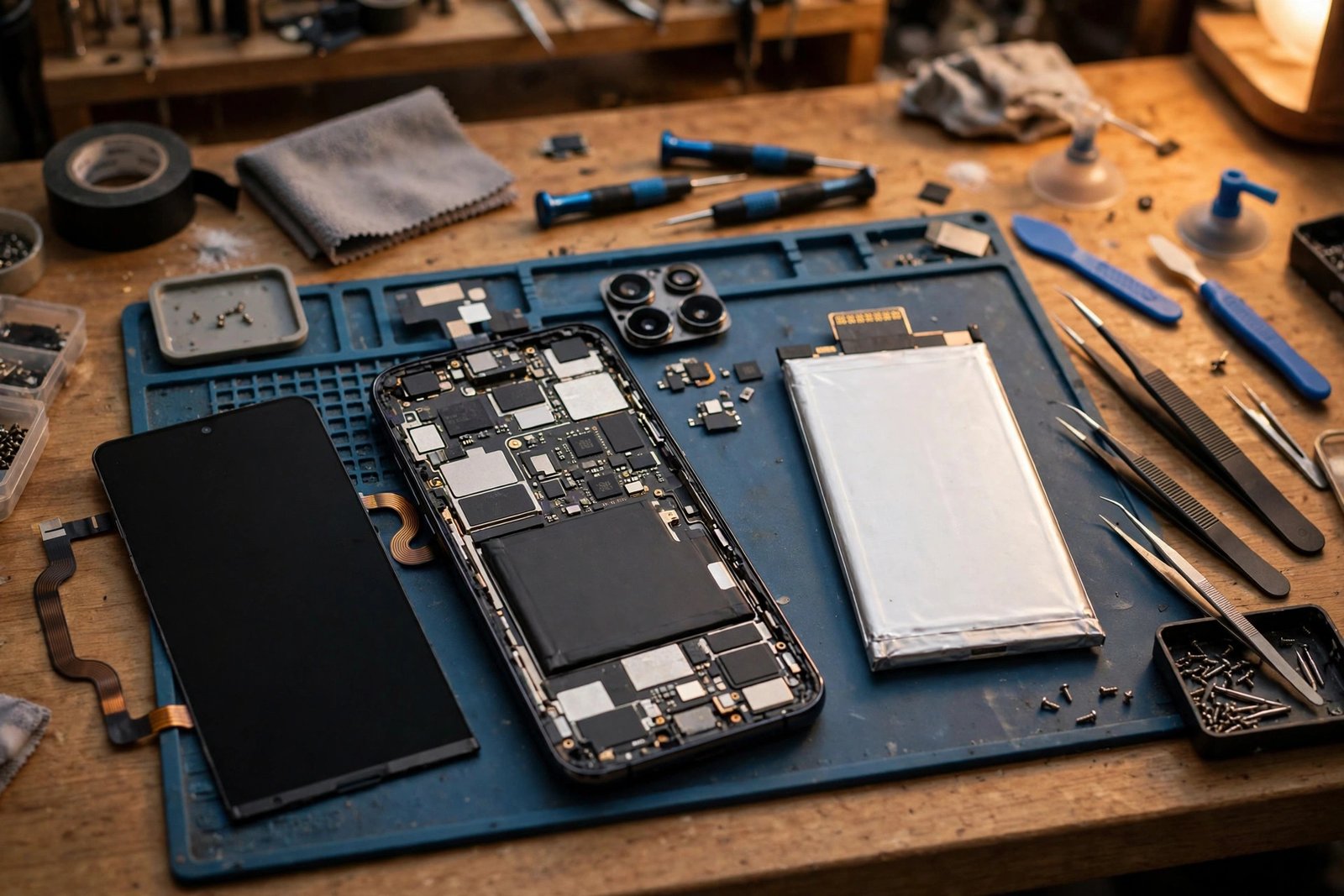 Lithium-ion smartphone battery cell on a repair workbench
