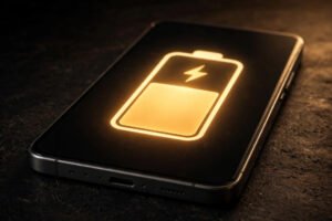 Smartphone with glowing battery charge indicator, symbolizing a bigger battery