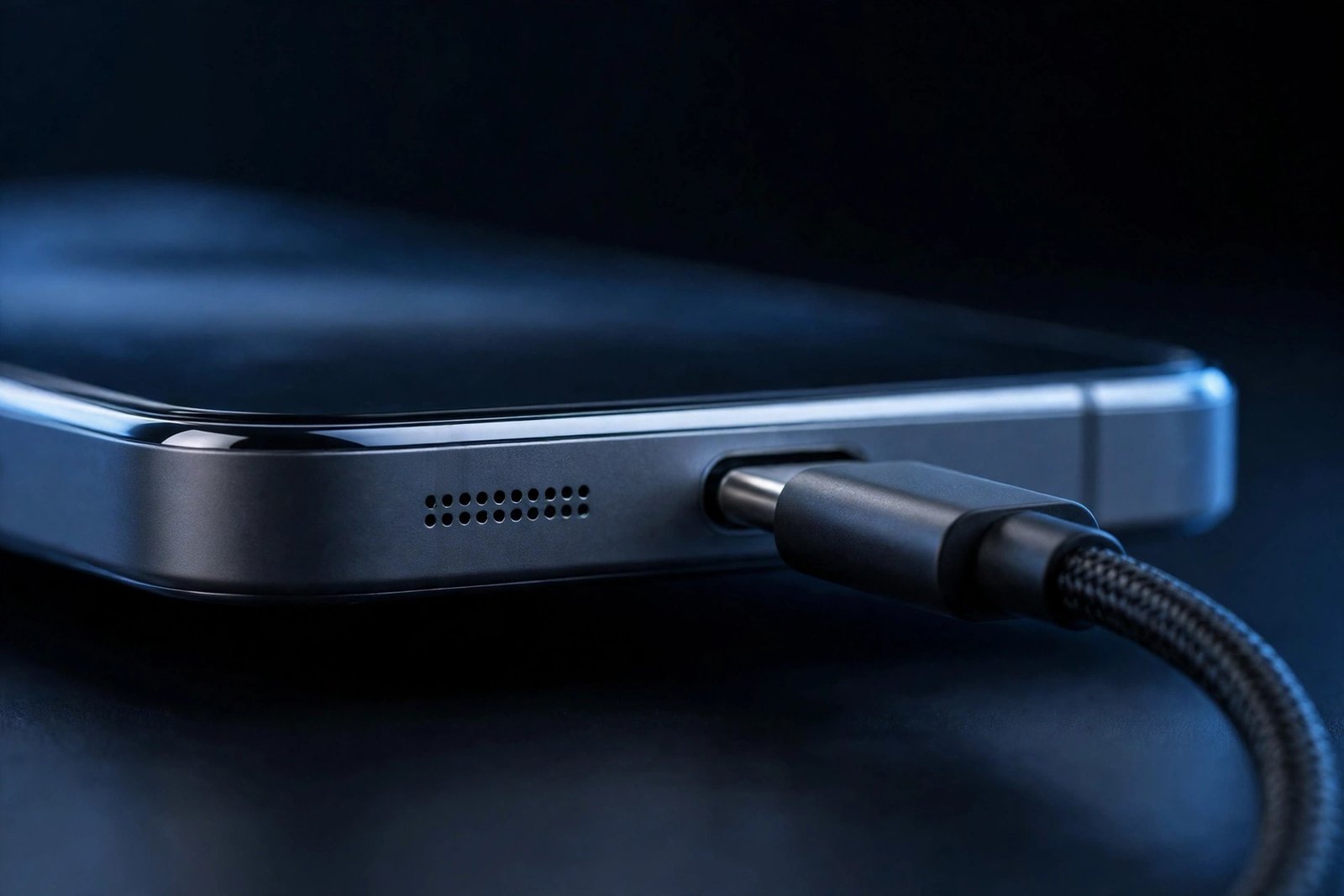 Charging cable plugged into a smartphone for fast charging