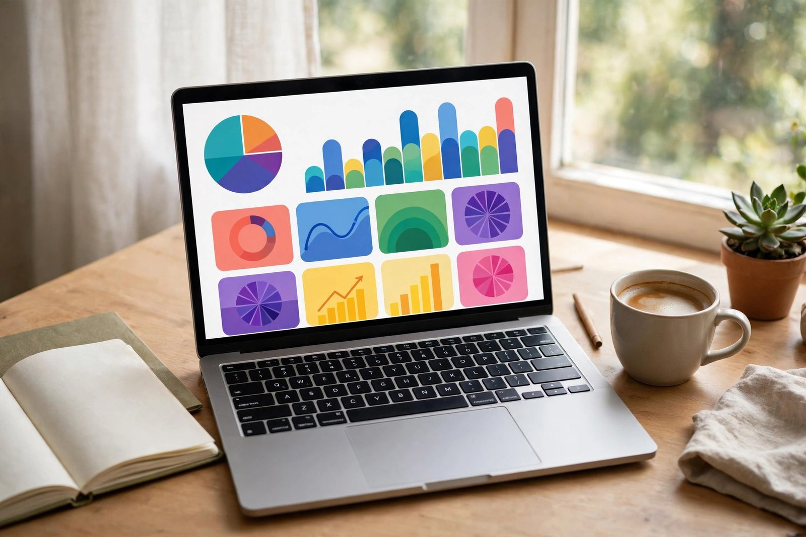 Laptop workspace with skill development and training charts
